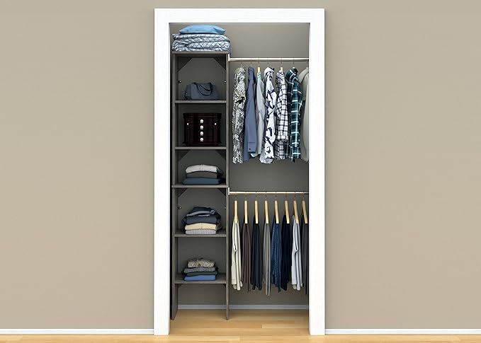 ClosetMaid SuiteSymphony Wood Closet Organizer Starter Kit with Tower and 3 Hang Rods, Shelves, Adjustable, Fits Spaces 4 – 9 ft. Wide, Graphite Grey