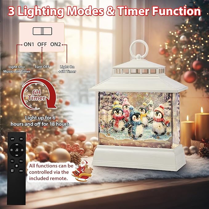 Christmas Snow Globe Lantern Water Glittering Lantern with 8 Songs & 6H Timer Romote Control Christmas Snow Globes USB & Battery Operated for Christmas Festival Decorations Gifts (Penguins)