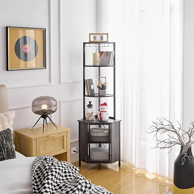 VECELO 6 Tier Corner Shelf with LED Light and Charging Station, 63” Tall Standing Cabinet Organizer, Narrow Bookshelf with Storage Rack for Living Room, Bedroom, Kitchen, Balcony, Small Space