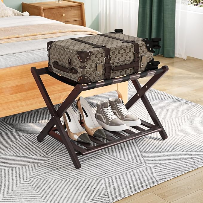 Smuxee Fully Assembled Brown Luggage Rack, Upgraded Bamboo Foldable Suitcase Stand with 5 Nylon Straps, Luggage Holder with Shelf for Guest Room Bedroom Hotel