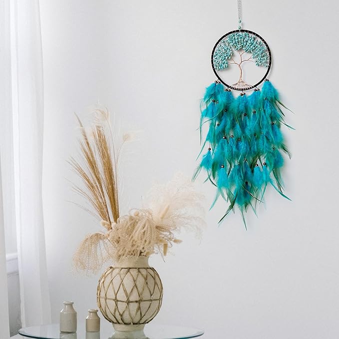 Dream Catchers, Dream Catcher Tree of Life Wall Decor, with Natural Healing Crystal Stone, Perfect Turquoise Handmade Dreamlike Dream Catcher for Bedroom Art Craft Gift