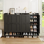 Black 7+1 Tier Farmhouse Shoe Storage Cabinet - 45" Tall Entryway Organizer with Cross Molding Doors, 3 Adjustable Shelves & Metal Legs, Shoe Rack for Front Door Entrance