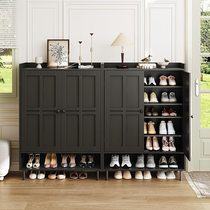 Black 7+1 Tier Farmhouse Shoe Storage Cabinet - 45" Tall Entryway Organizer with Cross Molding Doors, 3 Adjustable Shelves & Metal Legs, Shoe Rack for Front Door Entrance