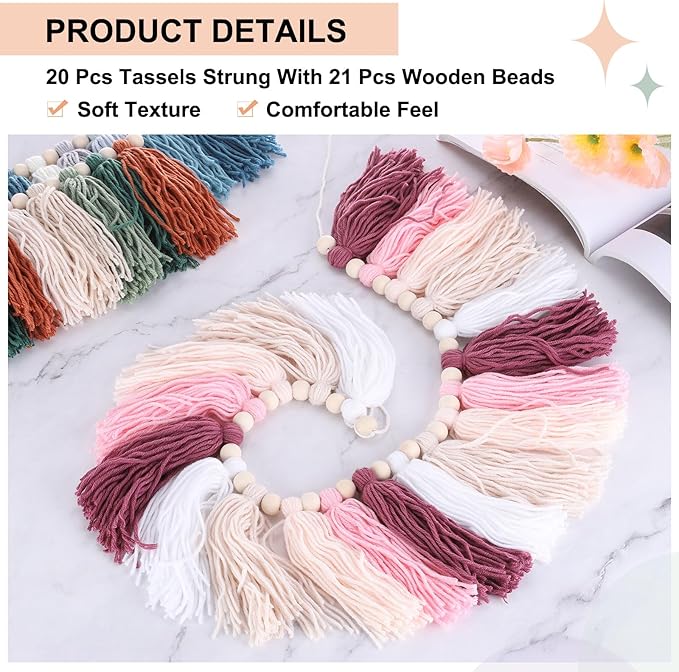 MECCANIXITY Bohemian Yarn Tassel Garland with Wood Beads,3.9Ft Green Brown Cream Beige Forest Wall Hanging Tassels Banner Western Room Decor for Bedroom Office Nursery Party Decorations