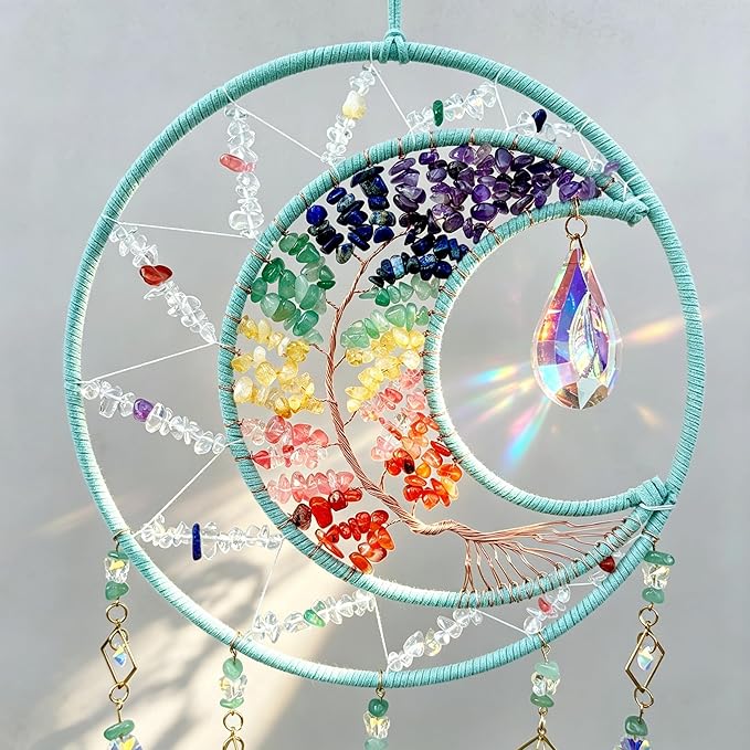Large Dream Catchers, Chakra Tree of Life Dreamcatcher with Rainbow Healing Crystal Agate Suncatcher for Windows Hangings Prism Decoration Gifts for Adult Boys Bedroom Garden Room Decor