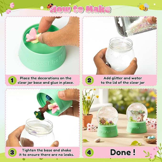 Spring Snow Globes Craft Kit - 8 Set DIY Plastic Snow Globe Craft with Mini Resin Butterfly Bee, Make Your Own Party Favor Decor with Glitter for Classroom Activity Gift (Insect)