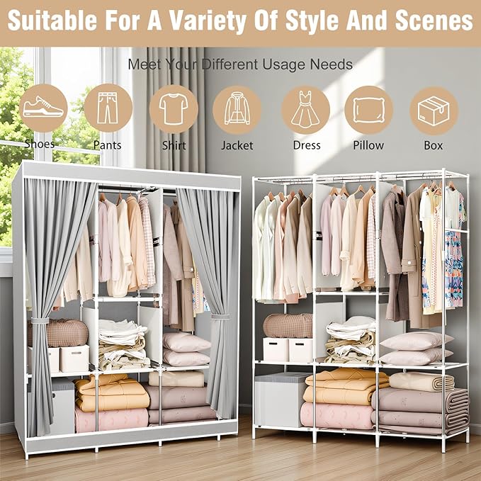 Portable Closet for Hanging Clothes 67 Inch Wide Large Capacity Portable Wardrobe Closet with Cover, Storage Shelves and 3 Hanging Rod, Gray Wardrobe Closet Easy to Assemble and Strong