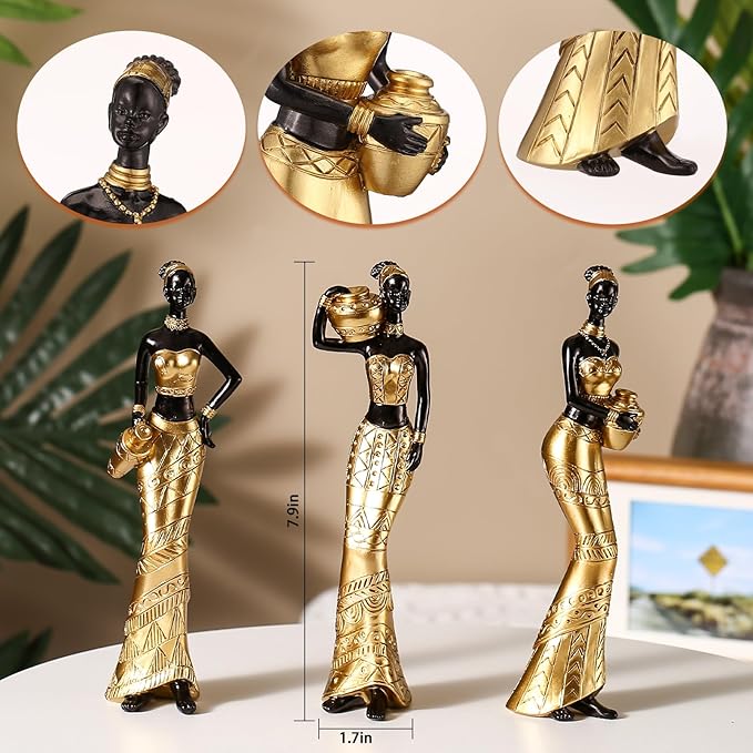 3 Pack African Art Sculptures- Vintage African Statues For Home Decor- Women's Tribal African American Figurines- Bookshelf, Office Decor- Deal For Birthday, Christmas, Thanksgiving, Mom Gifts-Gold