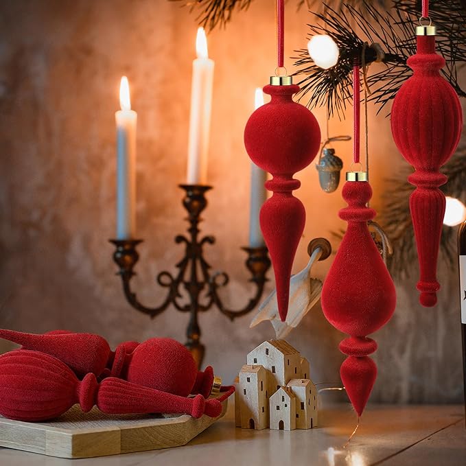 Jetec 6 Pcs Burgundy Velvet Christmas Finial Ornament Flocked Xmas Tree Hanging Decoration Plastic Velvet Christmas Ornaments with 3 Styles for Xmas Tree Holiday Home Party Decoration