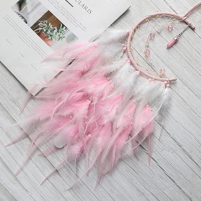 Dremisland Moon Dream Catcher with Fairy Lights-Handmade Feather Lucky Turquoise Pendant Beads Wall Hanging Ornament for Kids Bedroom Home Decoration,Art Craft Gift. (Pink&White)