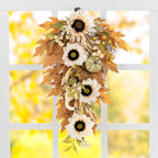 Glitzhome Fall Teardrop Swags for Front Door, 28''H Autumn Swag with Neutral Sunflower, Pumpkin and Leaf, Fall Swags for Front Door, Thanksgiving Harvest Festivals Decor