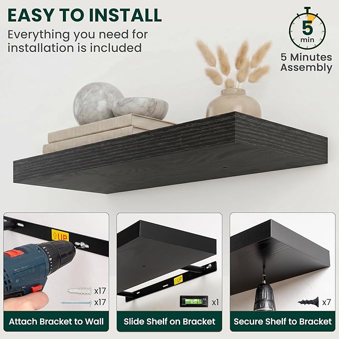 Floating Shelves for Wall 32 in x 9.3 in Deep, Wall Mounted Rustic Wood Shelf with Invisible Brackets for Storage & Display, Living Room Bedroom Bathroom, Black, 2 Pack