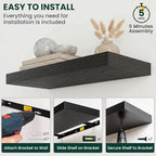 Floating Shelves for Wall 48 in x 9.3 in Deep, Wall Mounted Rustic Wood Shelf with Invisible Brackets for Storage & Display, Living Room Bedroom Bathroom, Black, 2 Pack