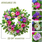 Spring Wreaths for Front Door Outside 24 Inch Spring Door Wreath with Pink Peony,Rose and Blue Hydrangeas, Handmade Silk Summer Wreaths for Front Door Home Wall Window Proch Seasonal Decor
