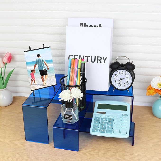 ELEGANTLIFE Acrylic Display Risers Set of 4, 4-Level Tiered Display Stands for Cupcakes, Small Figures & Jewelry, Compact Countertop Display Shelf, Multiple Colors Available (Translucent Blue)