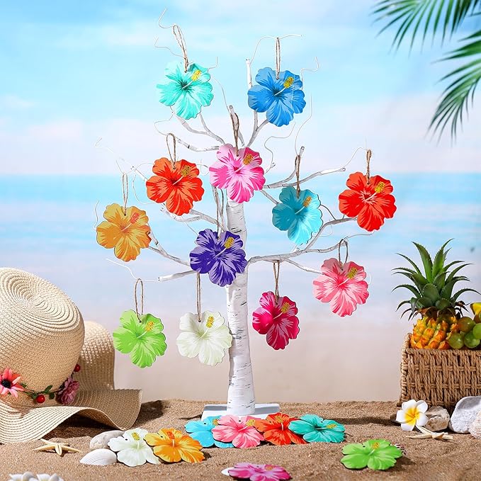Maitys 36 Pcs Spring Flower Ornaments for Tree Hawaiian Wooden Flower Decorate Wooden Hibiscus Daisy Hanging Decor for Birthday Wedding Baby Shower Themed Summer Holiday Party Decoration(Hibiscus)