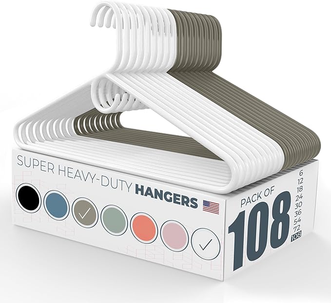 Neaties Super Heavy Duty Clothes Hangers 100 Pack (108 Count) – Made in the USA - 10lb Capacity, Thick Plastic Hangers for Pants, Coats, Jackets, Jeans and Adult Clothing – White & Gray