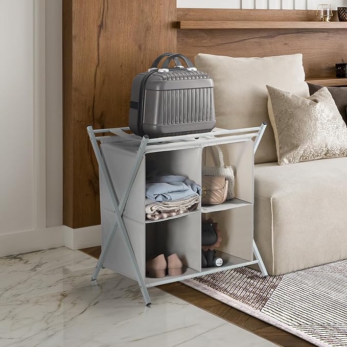 Luggage Rack for Guest Room, Suitcase Stand with 4 Fabric Storage Compartments and 4 Nylon Straps, Metal Folding Luggage Rack for Hotel, Bedroom, Living Room, Gray