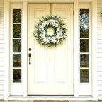 Idyllic 22 Inch Summer Wreaths for Front Door - White Blue Flowers on Green Foliage Base for Seasonal Home Outdoor Decor