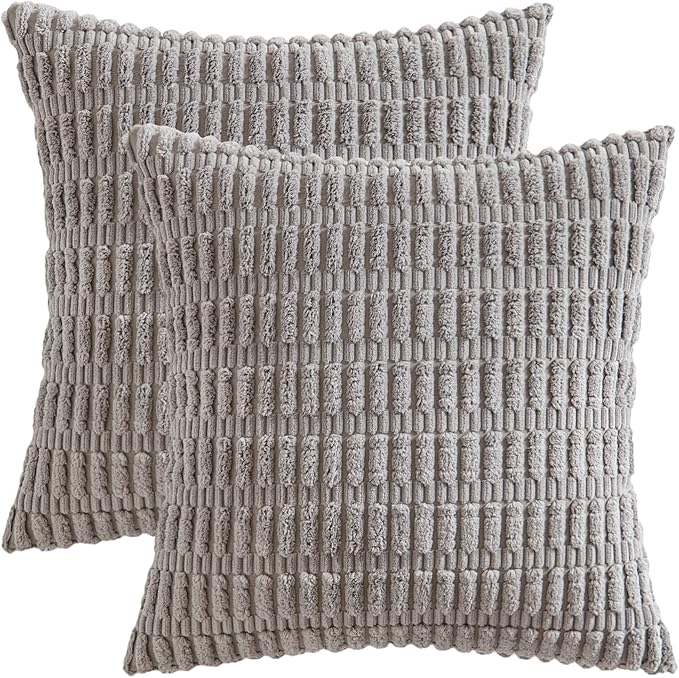 MIULEE Pack of 2 Corduroy Decorative Throw Pillow Covers 20x20 Inch Soft Boho Striped Pillow Covers Modern Farmhouse Home Decor for Sofa Living Room Couch Bed Light Grey