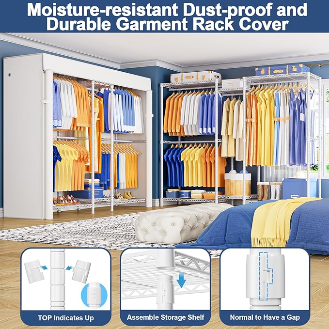 Ulif E12C Pro Heavy Duty Closet Organizer System，Freestanding Clothing Racks for Hanging Clothes，Adjustable Garment Rack 71"W x 16"D x 76.5"H Hold 960lbs，White Clothing Rack with White Dustproof Cover