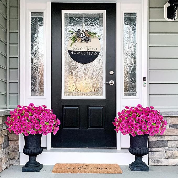 Artificial Flowers for Outdoors Decoration, 12 Bundles Fake Plastic Flower Plant, Faux Colorful Silk Morning Glory Eucalyptus for Outside Garden Porch Front Door Decor, Purple