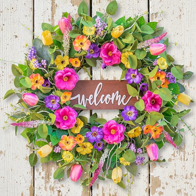 Pinkpuii Spring Wreaths for Front Door Outside – 24 Inch Artificial Tulip & Wildflower Summer Wreath with Green Eucalyptus Leaves and Welcome Sign- Indoor Outdoor Farmhouse Home Porch Wall Decor