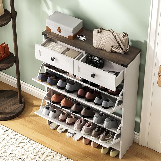 Shoe Cabinet with 2 Flip Drawers & 2 Drawers,Farmhouse Shoe Storage Cabinet for Entryway,Slim Freestanding Narrow Organizer Rack for Front Door Entrance,White