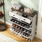 Shoe Cabinet with 2 Flip Drawers & 2 Drawers,Farmhouse Shoe Storage Cabinet for Entryway,Slim Freestanding Narrow Organizer Rack for Front Door Entrance,White