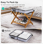 Smuxee Fully Assembled Honey Luggage Rack, Upgraded Bamboo Foldable Suitcase Stand with 5 Nylon Straps, Luggage Holder with Shelf for Guest Room Bedroom Hotel