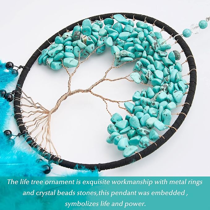 Pretty Jolly Aqua Blue Tree of Life Dream Catcher Wall Decor with Healing Crystal Stone Handmade Blue Green Feather Dream Catchers Decoration Wall Hanging Bedroom Room Wedding Party Wish Gift-25.6"