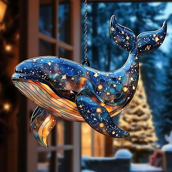 Celestial Whale Acrylic Suncatcher, Boho Suncatchers for Window Hanging Ornament, Stained Glass Effect Indoor Outdoor Garden Decor for Whale Lover, Gifts for Mother's Day, Mom, Grandma, Wife, Women