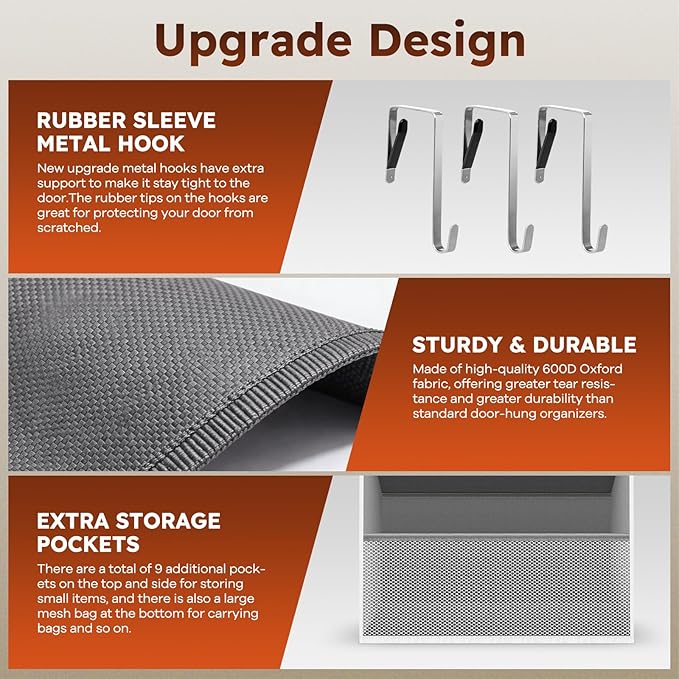 Over The Door Shoe Organizer - 8 Tier Hanging Shoe Organizer with Large Capacity Pockets, Shoe Organizer for Closet, Shoes Rack for Door, Fits 16-24 Pairs of Sneakers, Boots, Heels – Grey