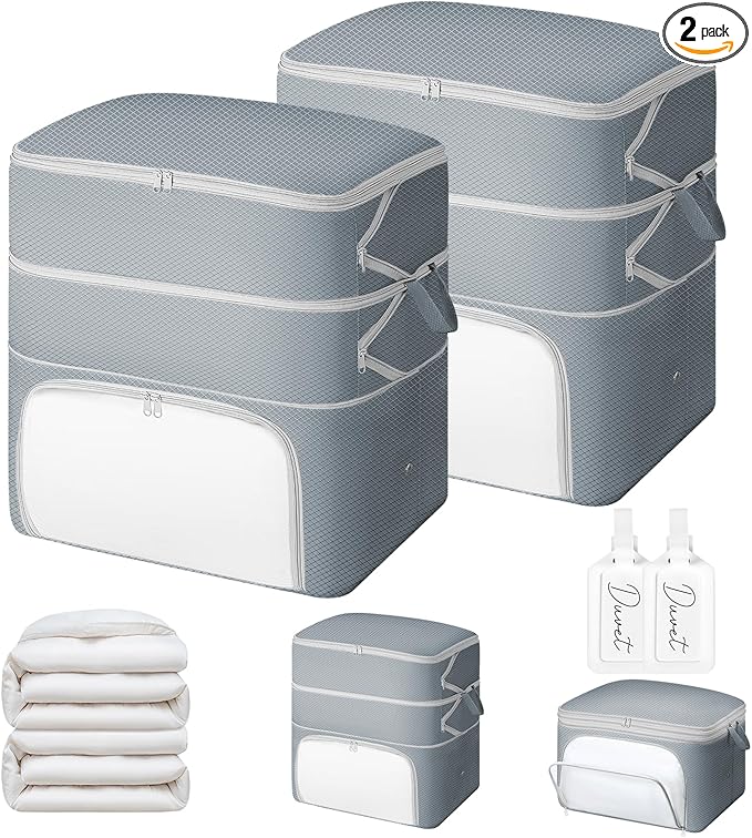 Comforter Storage Bag - 130L Blanket Storage Bags Front-opening Ultra Space Saving Self Compression Organizer, Washable Compression Bags for Storage Comforter Blanket, 2 Pack, Grey