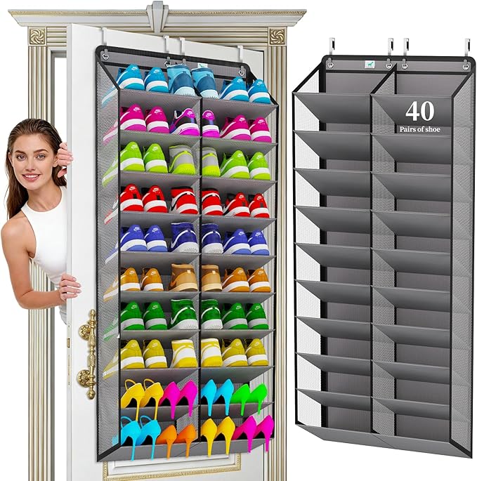 Heavy-Duty, over the door shoe organizer, Extra-Wide Large, shoe organizer, Holds 30 Pairs & Supports 100lbs, shoe rack, with Reinforced Grommets & Bamboo Rods, Fits Men's Size 12 & Boots, Grey