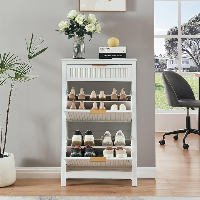 2 Flip Drawers Shoe Cabinet Storage for Entryway, Narrow Shoes Organizer Cabinet for Front Door Entrance, Free Standing Hidden Wooden Hallway Shoe Rack(White)