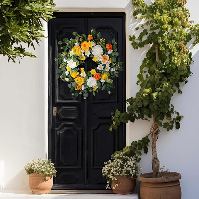 Spring Wreaths for Front Door Outside 24 Inch Yellow & White Spring Summer Wreath with Peony Rose Ranunculus Daffodil & Greenery, Indoor Outdoor Vibrant Hanging Season Decor for Wall Porch