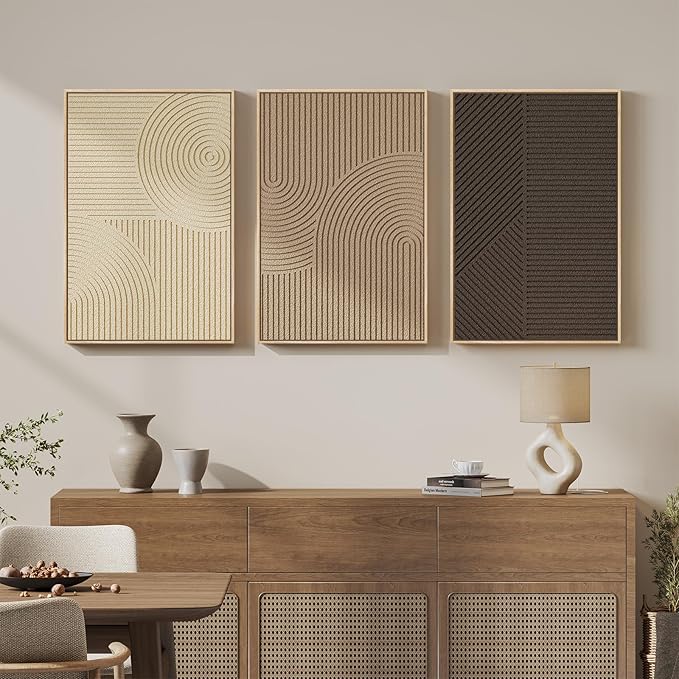 Large 3D Textured Framed Boho Neutral Wall Art for Living Room, 3 Piece Modern Minimalist Texture Paintings Artwork for Walls, Brown Beige Tan Geometric Pictures for Hallway Office Wall Decor 20x30 In