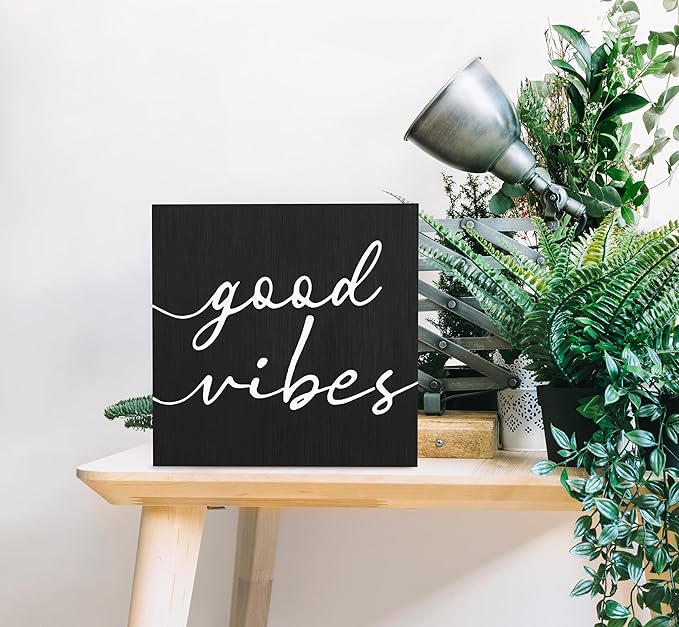 SRADMO Black and White Wood Box Sign Desk Decor 6x6, Inspirational Desk Decor Wooden Block Box Sign For Home Office Shelf Table Decoration (Black)