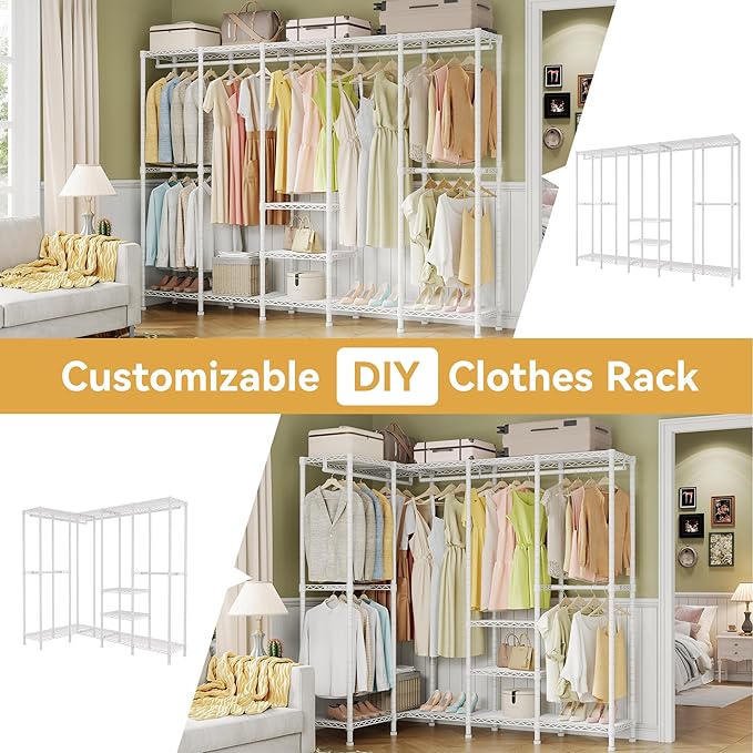 H5 Extra Large Heavy Duty Clothes Rack, Wire Garment Rack, Freestanding Clothing Rack for Hanging Clothes, Wardrobe Closet with Adjustable Shelf, 93.3" Wx15.7 Dx75.4 H, White, Load 1400 lbs