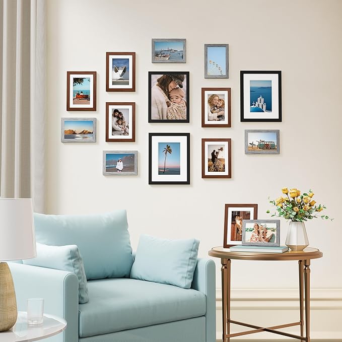 Vittanly 15 Pack Picture Frames Collage Wall Decor, Multi Sizes Including 3pcs 8x10, 6pcs 5x7 and 6pcs 4x6 Photo Frames, Gallery Frame Set for Wall or Tabletop Display, Black, Walnut Brown and Grey