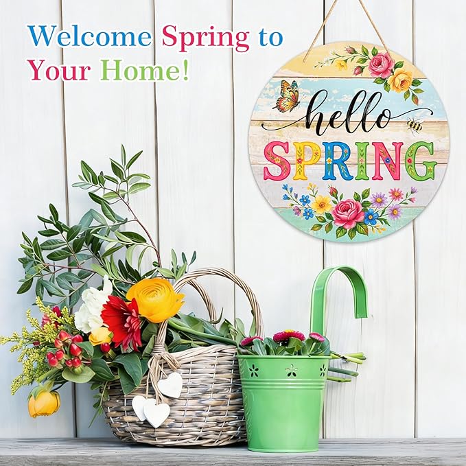 PETCEE Hello Spring Door Sign - 11.5" Colorful Flowers Welcome Wreath for Front Door Spring Decorations Farmhouse Porch Decor Rustic Round Wreath Sign Hanging Wall Plaque Easter Home Outdoor Decor