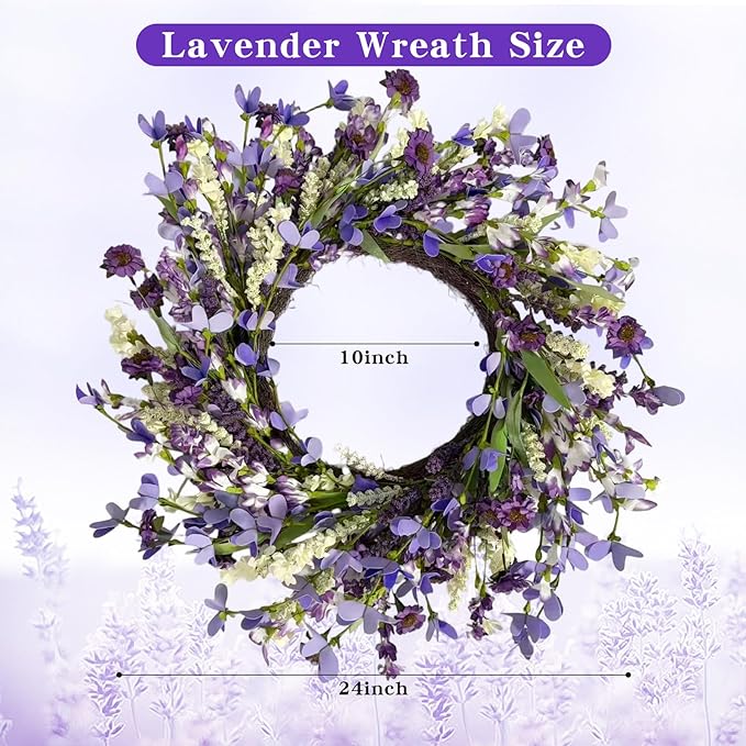 24 Inch Summer Lavender Wreath for Front Door Purple Daisy Artificial Wild Flower Greenery Leaves for All Seasons Home Wall Indoor Outdoor Window Decor