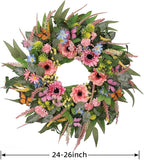 Wreaths for Front Door 26 Inch Spring Summer Wreath with Eucalyptus Leaves Pink Blooms Butterfly,for Year-Round Use Indoors and Outdoors as Wall, Door, Window, Party and Wedding Decorations
