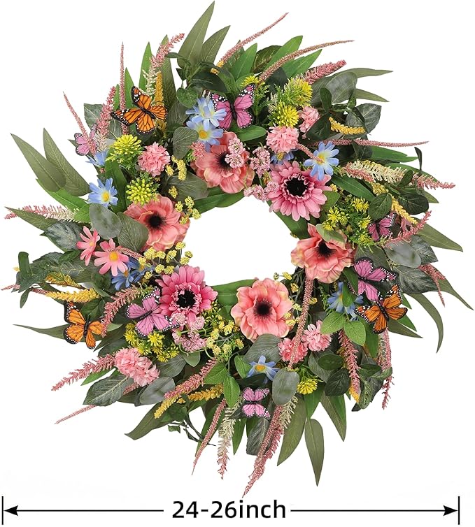 Wreaths for Front Door 26 Inch Spring Summer Wreath with Eucalyptus Leaves Pink Blooms Butterfly,for Year-Round Use Indoors and Outdoors as Wall, Door, Window, Party and Wedding Decorations