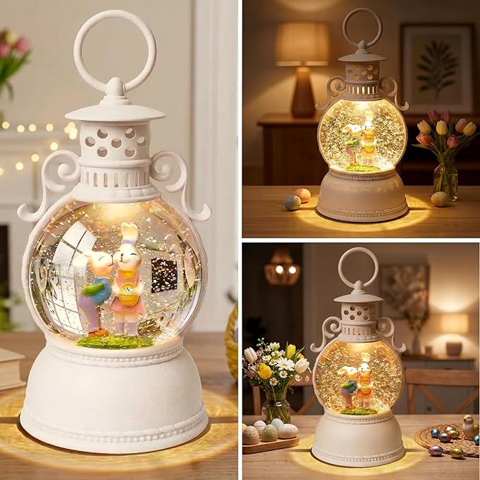 Easter Snow Globe Lantern, 9.4" Bunny Couple Lighted Snow Lantern with 6-Hour Timer, Battery or USB Powered, Spring Easter Decorations for Home, Easter Gift & Indoor Decor