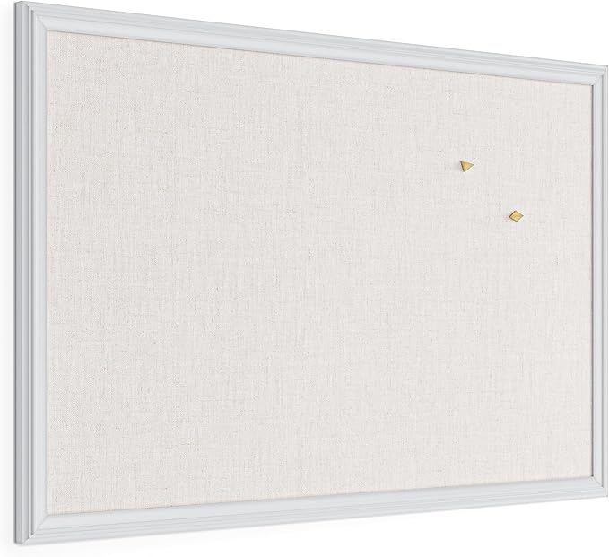 U Brands Farmhouse Bulletin Board, Linen Covered Corkboard with White Wood Frame, 30" x 20" (6711U00-01)