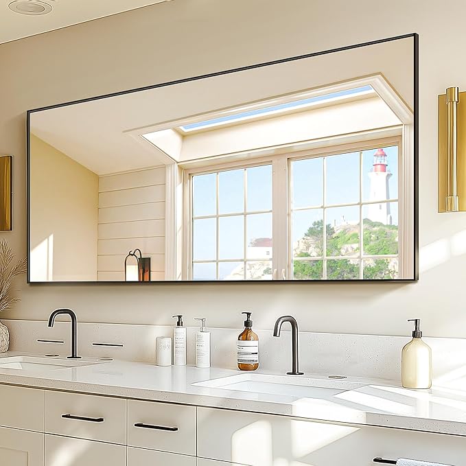 TRAHOME Bathroom Vanity Mirror for Wall, 60" x 30" Metal Framed Rectangular Bathroom Wall Mirror for Over Sink, HD Shatterproof Glass, Hangs Horizontally or Vertically(Black)