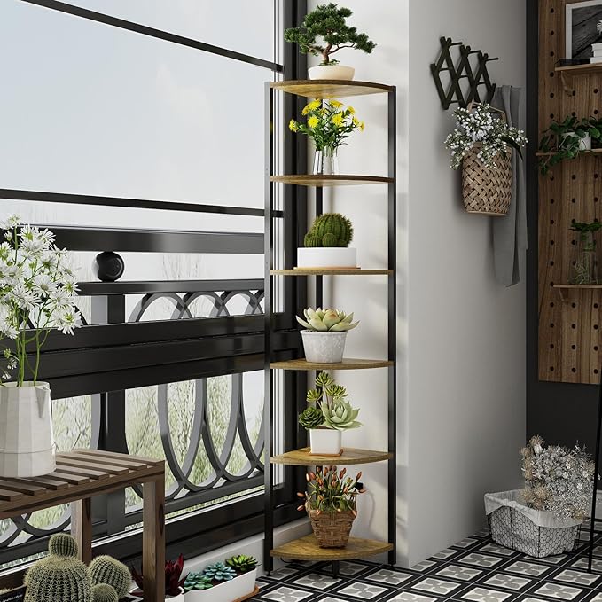 6-Tier Corner Shelf with LED Lights - 65" Tall Narrow Bookshelf, Standing Shelf with Storage Rack, Sturdy Metal Frame & Waterproof Shelves, Rustic Brown, for Living Room/Bedroom/Bathroom