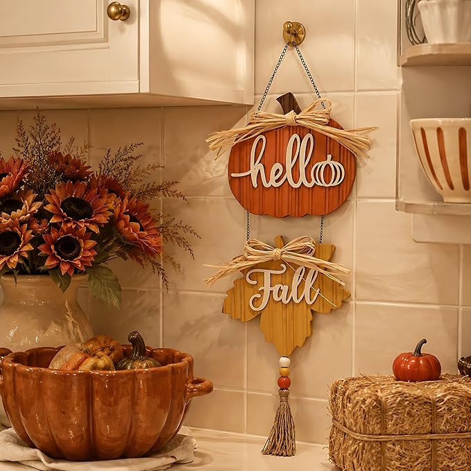 Valery Madelyn Fall Decorations for Home, Fall Wall Decor with Pumpkin and Maple Leaf, Rustic Farmhouse Fall Wreaths, Wooden Pumpkin Decor for Thanksgiving Autumn, 15 inch